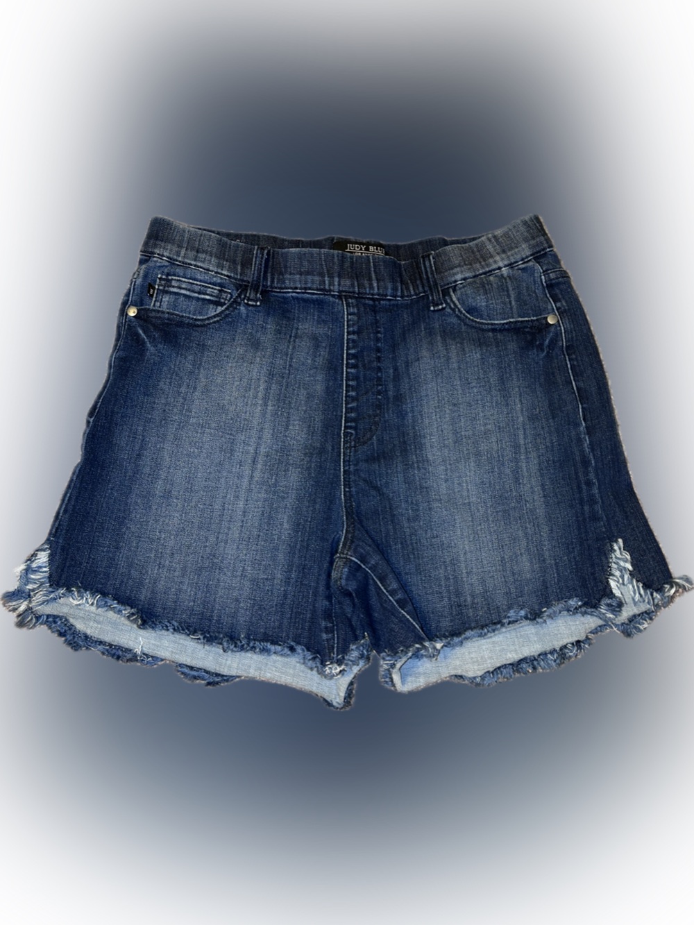 Judy Blue Dark Wash Blue Frayed Hem Pull On Mid To High Waist Denim Shorts XL - Picture 5 of 14